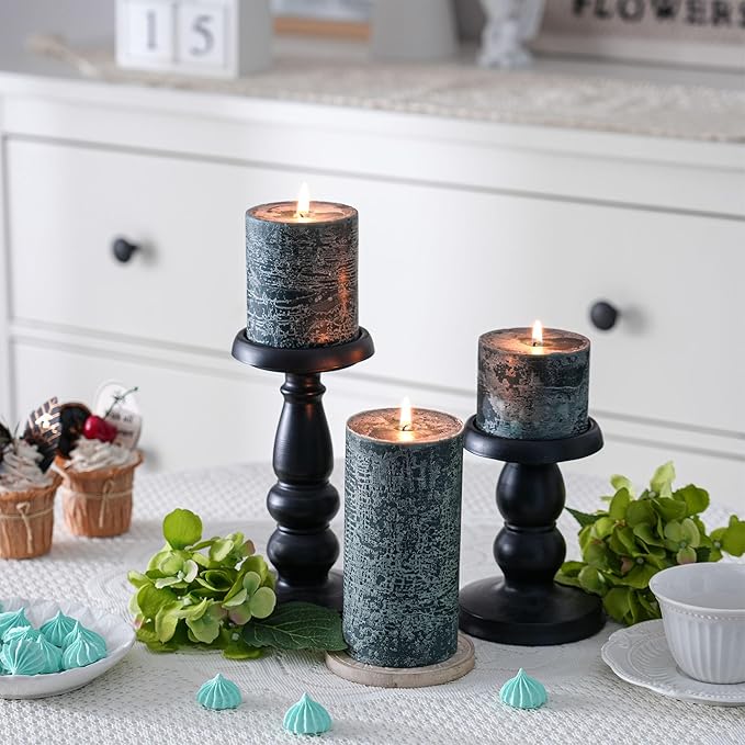 3x4 Inch Dark Green Pillar Candles Set of 3 - Hand-Poured Unscented Candles, Long Clean Burning, Dusty Sage Candle, Smokeless Dripless Candle for Dinner Table, Wedding, Home, Rustic Decor