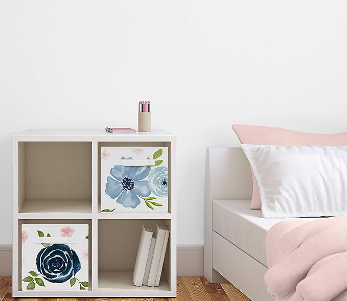 Sweet Jojo Designs Navy Blue and Pink Watercolor Floral Foldable Fabric Storage Cube Bins Boxes Organizer Toys Kids Baby Childrens - Set of 2 - Blush, Green and White Shabby Chic Rose Flower