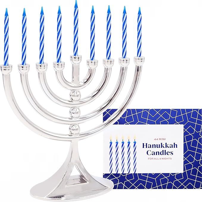 24-Pack Hanukkah Silver Mini Menorah with Candles Classic 5 Inch Great for Travel, Hanukkah Decor Centerpiece