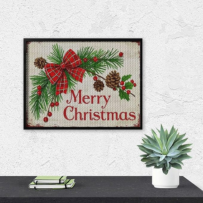 AIVKIEJK Diamond Painting Kits for Adults - Merry Christmas Holly, Pine Cones & Red Plaid Bow Painting DIY 5D Full Drill Diamond Dots Paintings with Diamonds Gem Art and Crafts Home Decor 12"x16"