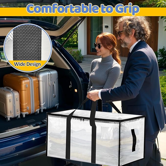 Large Moving Bags 4 Pack Heavy Duty Storage Bags with Reinforced Zipper and Wide Handles, Fold Flat Storage Totes with Tag Pocket, Idea for Space Saving, Alternative to Moving Box (88L, Clear)