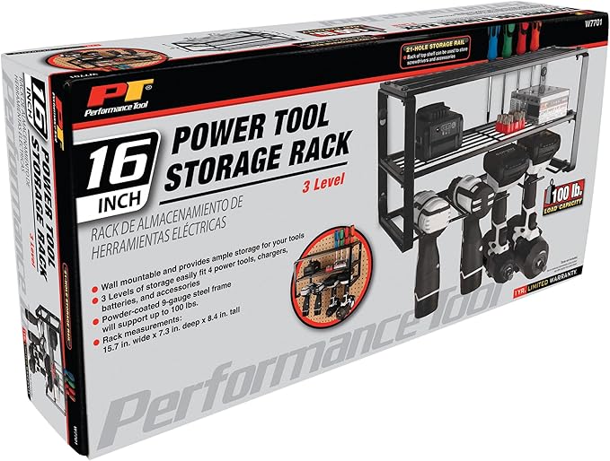 Performance Tool W7701 Power Tool Organizer Wall Mount - Hand Tool Storage Racks, Utility Racks, Drill Holder & More - 3 Tier Sturdy Iron 16" Cordless Tool Organizers