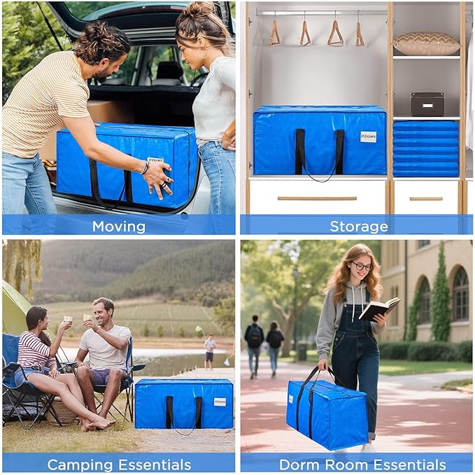 BETU Extra Large Moving Bags Heavy Duty Storage Bags with Zipper Handles, 12 Pack Clothes Storage Totes Bins Packing Moving Boxes, Moving Supplies for College Dorm Essentials, Space Saving, Blue