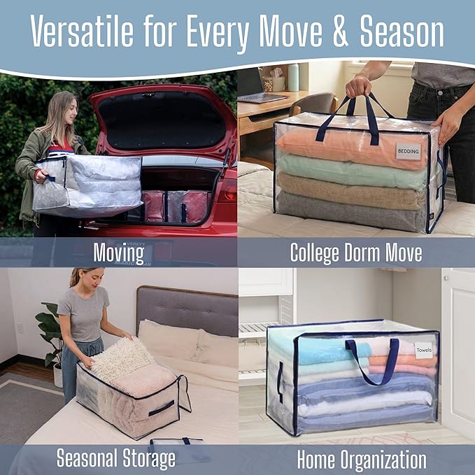 VENO 10 Pack Clear Extra Large Moving Bags & Storage Totes, Heavy Duty Organizer with Reinforced Handles & Strong Zippers for Clothes, College Dorm Essentials, Moving Supplies