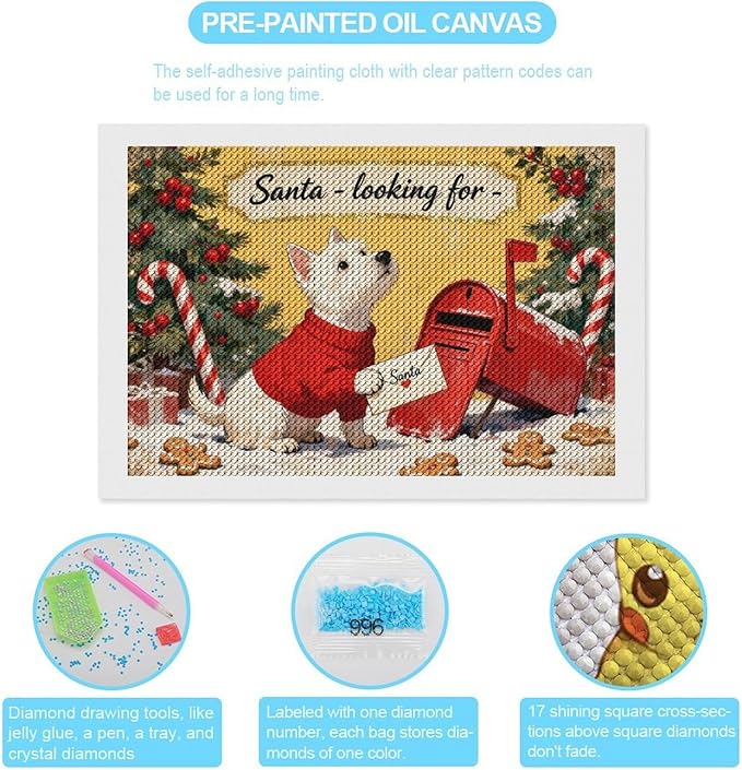 Diamond Painting Kits for Adults - Cute Scottish Terrier Christmas Westie Dog Holding Santa Letter Painting DIY 5D Full Drill Diamond Dots Paintings with Diamonds Gem Art And Crafts Home Decor 8"x12"