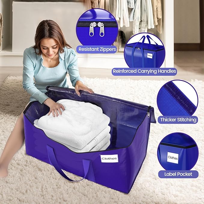 FabSpace Moving Storage Bags, Moving Supplies Packing Boxes for Moving, Camping, College Dorm Room Essentials for Girls, Blue Tote Bags, Heavy-Duty Storage Bins With Lids And Zippers, 76L 4 Pack