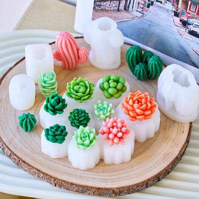 Succulent Silicone Mold 9 Cavities Plants Candle Molds and 4 pcs 3D Succulent Cactus Candle Molds Resin Casting Silicone Molds for Home Decor