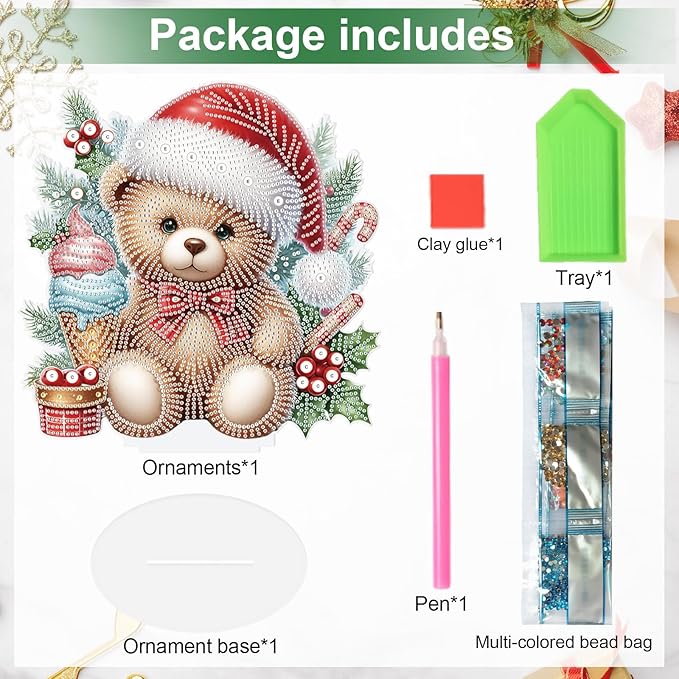 5D Diamond Art Painting Ornament Kits Christmas Bear Doll, DIY Diamond Painting Desktop Ornament, Special Shaped Crystal Rhinestone Diamond Art Tabletop Home Office Christmas Tree Decor (24x24.6cm)