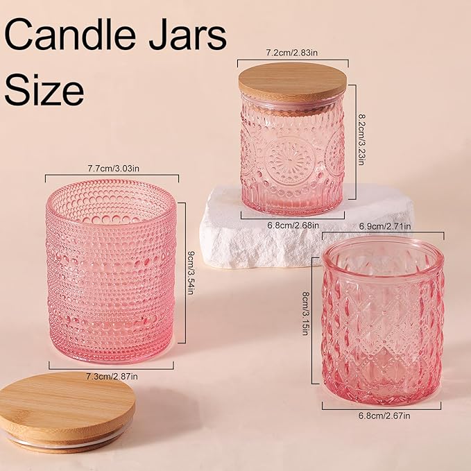 DARJEN 12 Pack Pink Candle Jars for Making Candles- 3 Styles Glass Candle Making Jars Bulk with Bamboo Lids and Labels, Candle Making Supplies Candle Vessels for DIY Gifts