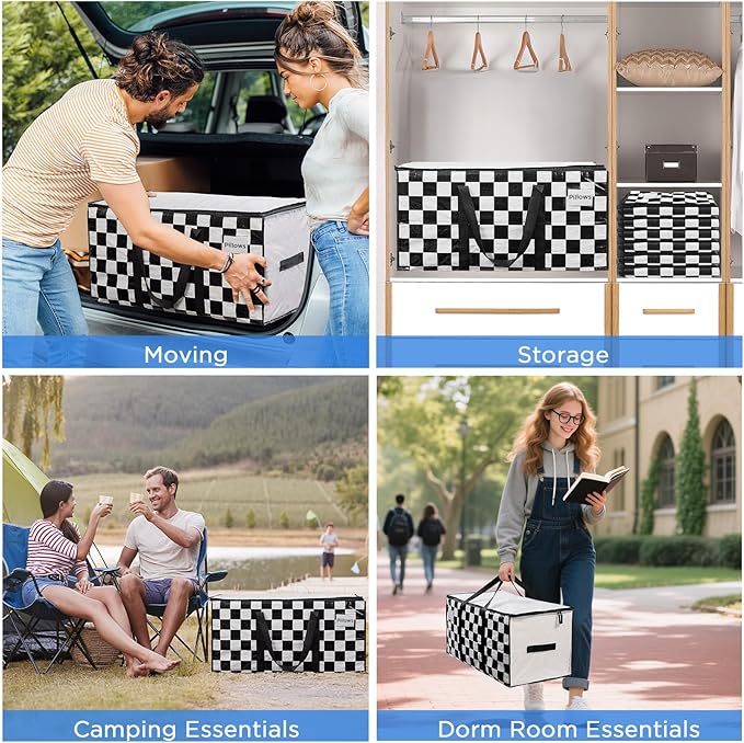 Extra Large Moving Bags Heavy Duty Storage Bags with Zipper Handles, BETU 2 Pack Clothes Storage Totes Bins Packing Moving Boxes, Moving Supplies for College Dorm Essentials, Space Saving,White Plaid