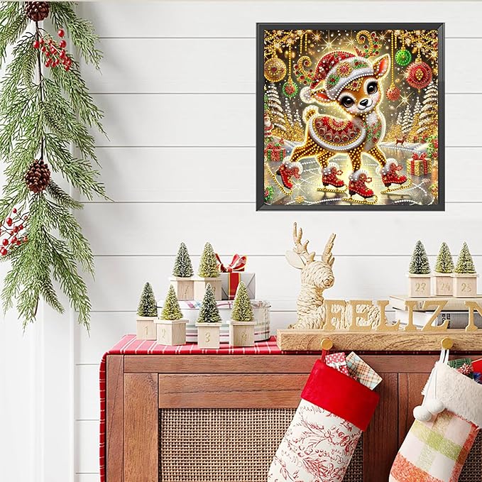 Christmas Deer 5D Special Shape Diamond Art Kits for Beginners, Christmas Winter Theme Diamonds Painting Kits for Adults,DIY Crystal Rhinestones Diamond Paintings for Home Wall Decor 12×12Inch