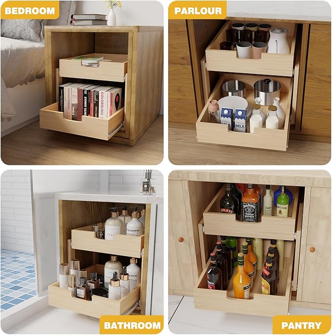 Pull Out Cabinet Organizer, 14''W×21''D×16''H Soft Close Slide Out Wooden Pull out Drawers, Double Tier Slide out Wood Cabinet Organizer, for Base Cabinet Organization in Kitchen, Pantry, Bathroom