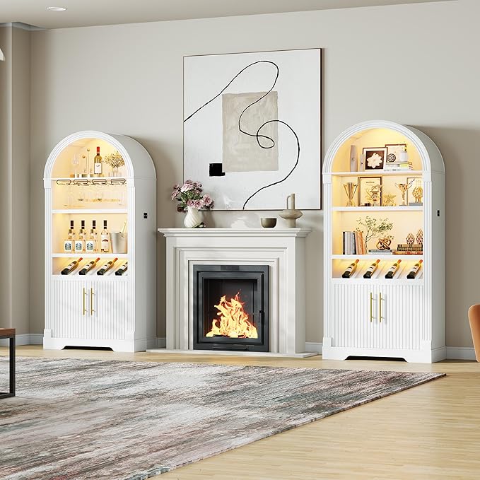 Vlsrka 71" Tall Arched Kitchen Pantry Cabinets, Wood Kitchen Storage Cabinets/Arched Bookshelf/Bookcase,China Cabinet with Open & Adjustable Shelves, Induction LED Light (White A)