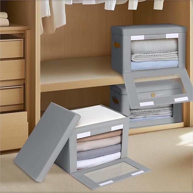 Small Fabric Storage bins - Collapsible Storage Bins with Open Window, 5 Pack Closet Baskets for Shelves, Stackable Decorative Boxes for Home, Dorm, Grey, 13.7"x 9.8" x 9.8"