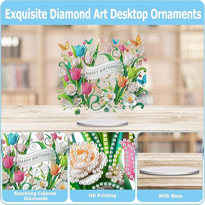 ARTopet DIY Diamond Desktop Ornament PET Irregular Shape Special Shaped Crystal Double Sided Pattern Single Sided Diamond Art Painting Tabletop Home Ornaments Decor-Birthday Flower
