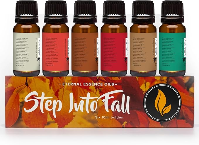 Eternal Essence Oils Step Into Fall Set of 6 Premium Fragrance Oils - Almond Coconut Milk, Fire Amber, Sexy Cinnamon Clove, Reindeer Retreat, Tabacco Vanilla, and Warmths of the Holidays - 10ML