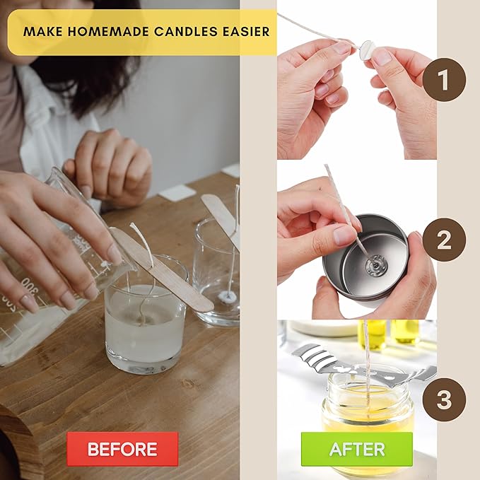 Candle Wick Bundle: 50 Candle Wicks, 50 Stickers and 3 Wick Holders - Easy Positioning - Wicks Coated With Natural Soy Wax, Cotton Threads Woven with Paper - Contains No Lead, Zinc or Other Metals