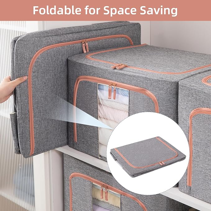 GuliPostan 3 Pack 24L Stackable Clothes Storage Bins with Metal Frame Handles & Zipper, Collapsible Closet Organizer Box with Lid for Bedding Blankets Towel (Grey)