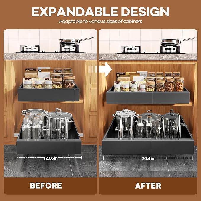 6Pack Expandable Pull Out Cabinet Organizer 21"Deep with Raising Pad for Framed Cabinets,Slide Out Drawers with 4pcs Divider Racks,Roll Out Shelves Adhesive,Adjustable Width 12.05"-20.4"Black