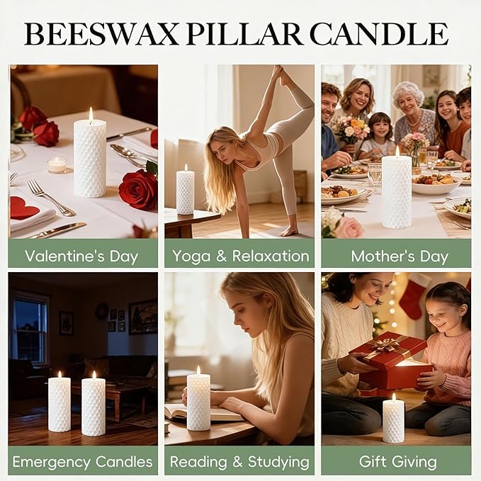 8 Pack White Beeswax Pillar Candles, Natural Beeswax Candles-160 Hours Long Burning for Emergency,Unscented Bees Wax Candle for Home,Prayer,Dripless Smokeless Organic Bees Wax Candle Bulk 2x5in