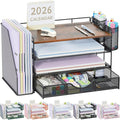 gianotter Desk Organizers and Accessories with File Holder, 4-Tier Desk Accessories & Workspace Organizers with Drawer and 2 Pen Holder, Paper Organizer for Office Supplies (Wood)