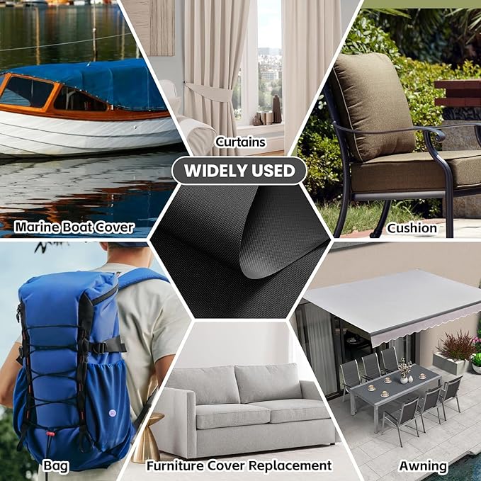 Waterproof Marine Canvas Fabric by The Yard 58" W 600D PVC Backing Water-Resistant Polyester Fabric Upholstery Material for Outdoor Indoor Marine Awning Tent Boat Furniture Cover DIY, 10 Yards Black