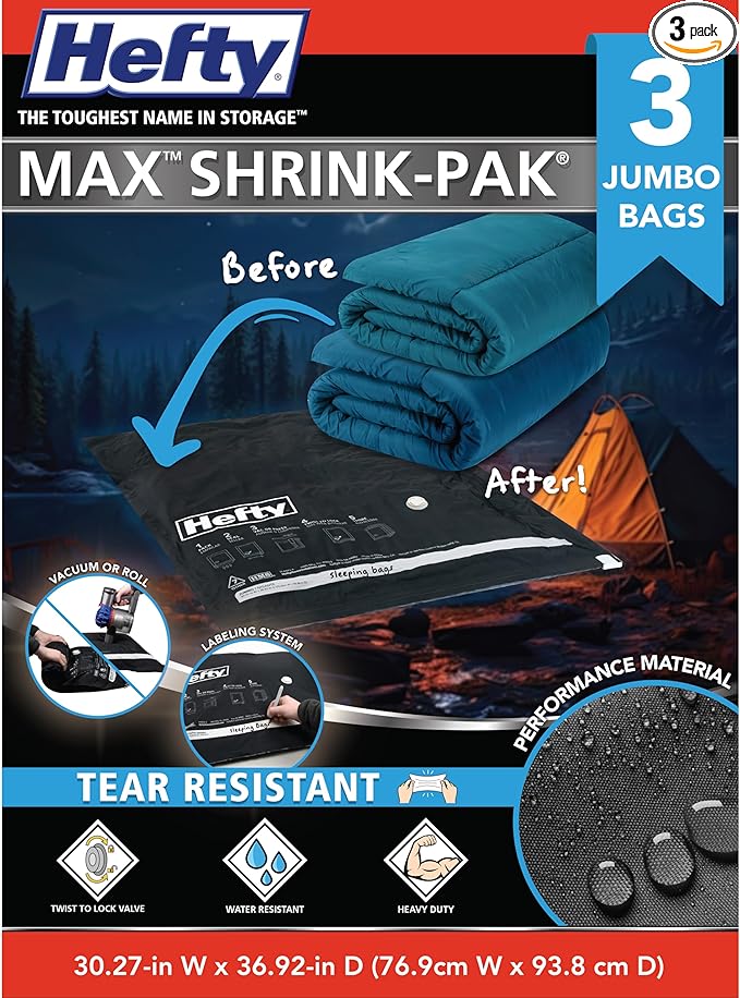 Hefty MAX Shrink-Pak Vacuum Seal Storage Bags for Clothing, Travel, Bedding | Tear & Water Resistant, Dual-Valve Space Saver Compression Bags, Pump Included - Jumbo (30x36 Inch), 3-Pack