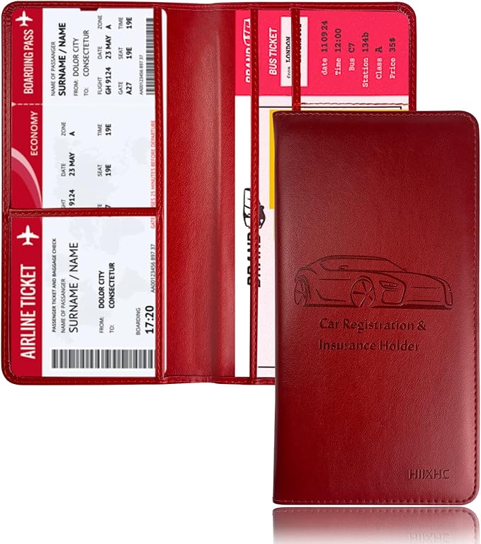 Car Registration and Insurance Card Holder - Leather Vehicle Glove Box Automobile Documents Paperwork Wallet Case Organizer for ID, Driver's License, Key Contact Information Cards
