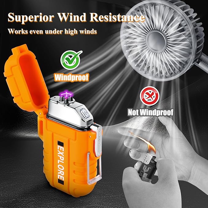 LcFun Electric Lighter - USB C Rechargeable, Windproof, Waterproof Flameless Dual Arc Plasma Lighters with Portable Lanyard for Adventure, Survival Tactical, Camping Gadgets for Men (Orange)