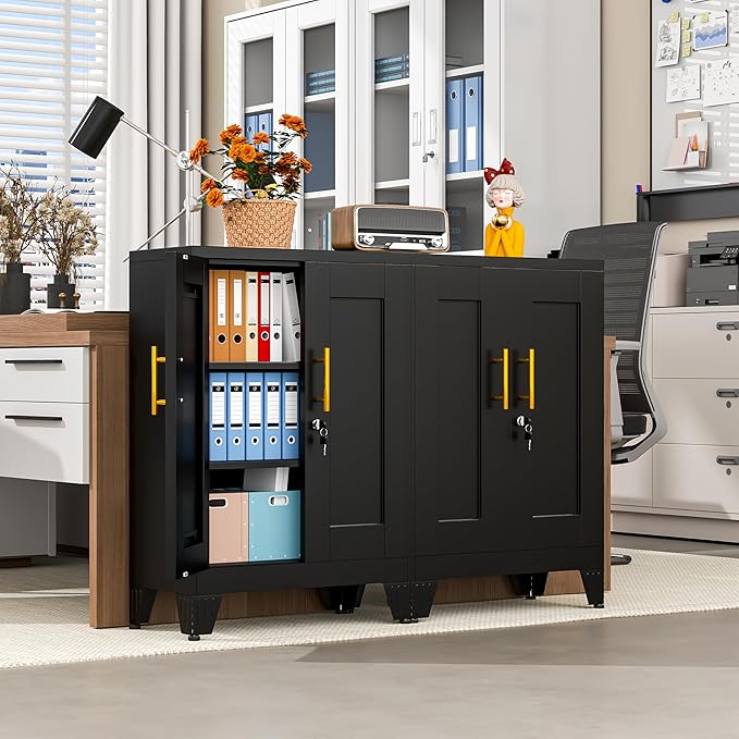 Black Metal Storage Cabinet, 36" Tall Locking Storage Cabinet with 2 Adjustable Shelves, Steel Locker Organizer, for Office, Home, School, 11.81" D x 23.62" W x 35.83" H, 2PS
