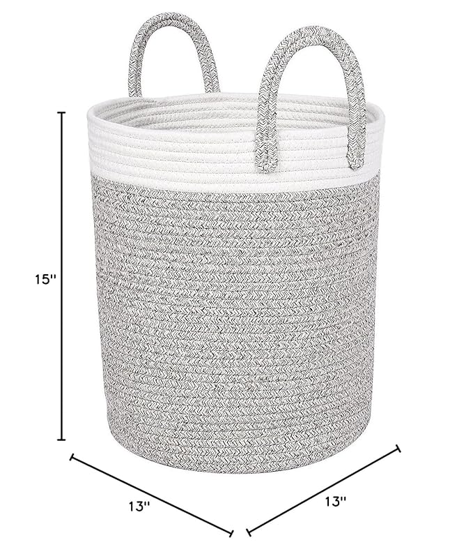 Large Rope Storage Basket - 15" x 13" Modern Shaped Soft Touch Basket - Woven Cotton Rope Organizer for Baby Nursery, Toys and Towels - Brown Color