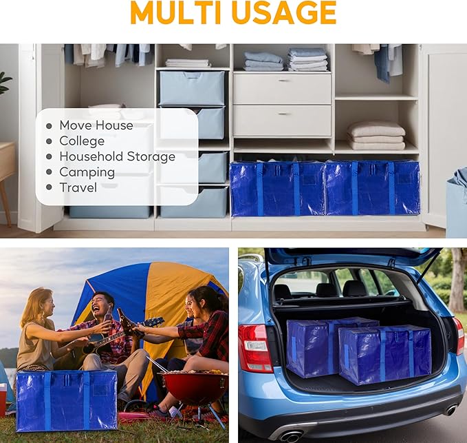 HealSmart 8 Pack Large Moving Bags with Zippers & Handles, Moving Supplies with lids, Heavy Duty Totes for Space Saving, Fold Flat, Moving and Storing, Blue