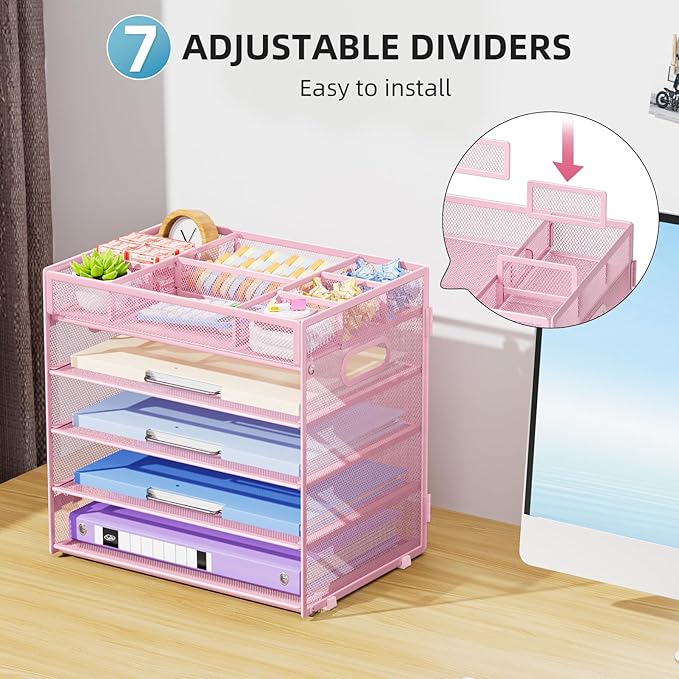 Marbrasse 5-Tier Letter Tray Paper Organizer with Handle, Multi-Functional Mesh File Organizer for Desk, Adjustable Compartments Mesh Desktop Storage for Office Supplies, Pink