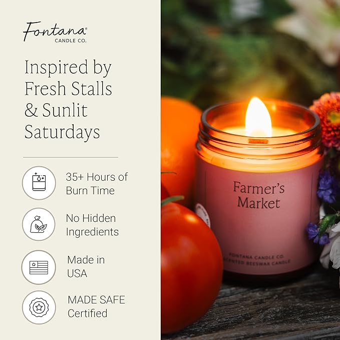 Fontana Candle Co Wood Wick Beeswax Jar Candle, Farmer's Market – Made Safe with Coconut Oil & Pure Essential Oils – 35+ Hrs Clean Burn, Long Lasting and Non-Toxic Candles for Home & Room Decor