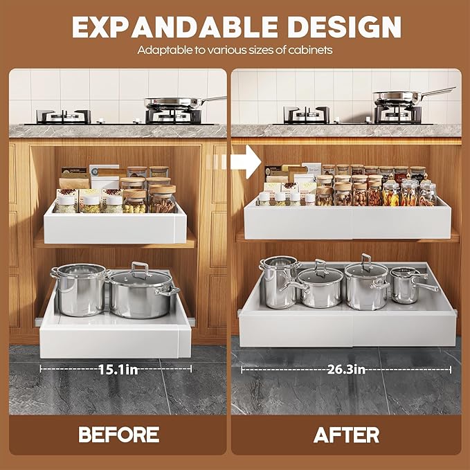 4 Pack Expandable (15.1"-26.3") Pull Out Cabinet Organizer 21" Deep With Raising Pad for Framed Cabinets,Upgrade 3 Slide Rails Slide Out Drawers,No Drill Roll Out Shelves Adhesive,White