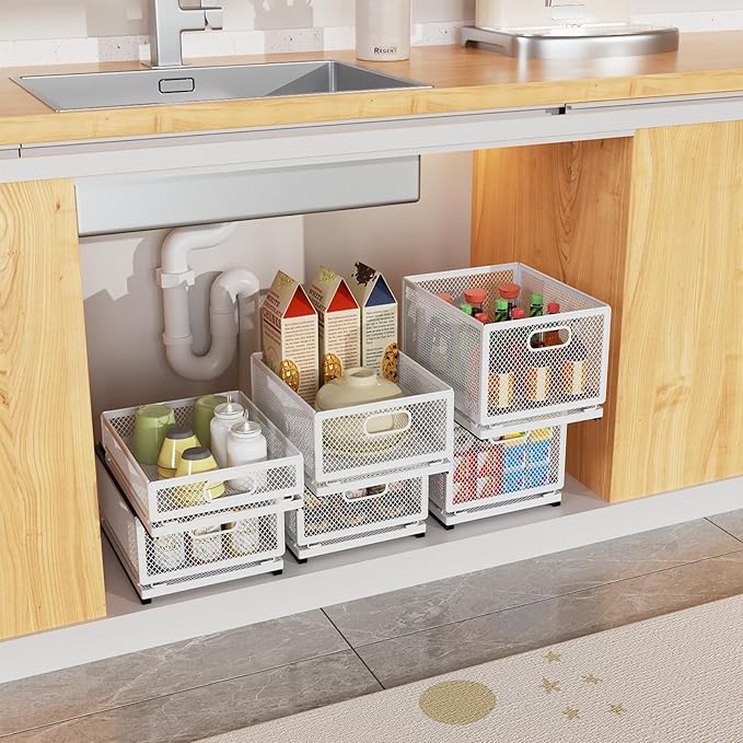 Pull Out Cabinet Organizer, Slide Out Drawers Fixed with Adhesive Nano Film, Pantry Shelves Sliding Drawer Storage Organization for Kitchen/Bathroom/Bedroom (19.7*13.8*3.3inch/50*35*8.5cm)