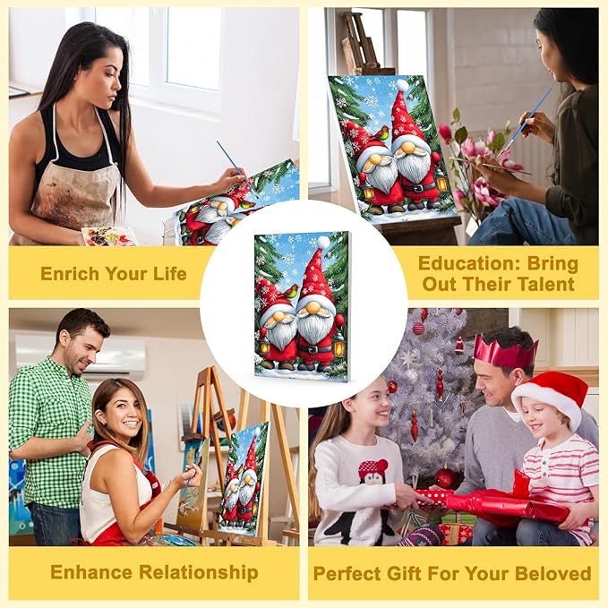 Bowetile Christmas Paint by Numbers for Adults Beginners Framed, Gnome Adults' Paint-by-Number Kits, Adult Paint by Number Kits on Canvas, Acrylic Number Painting for Home Decor, 8x12in