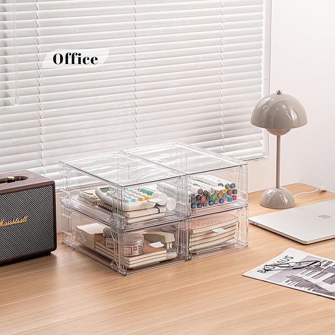 4 Pack Stackable Storage Drawers, Plastic Clear Organizer Bins with Handles, Easily Assemble for Undersink, Kitchen Cabinet, Fridge, Closet, Pantry, Office, Bathroom