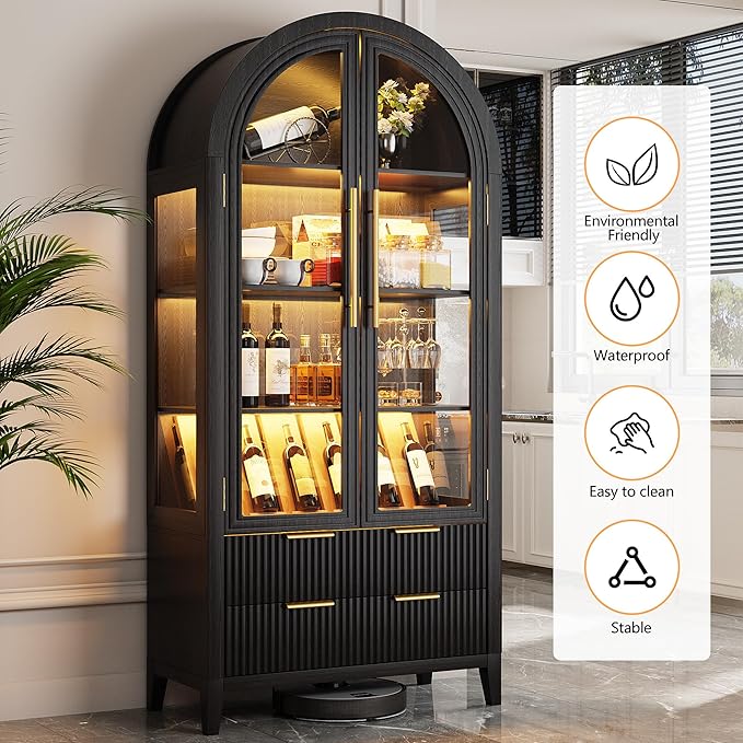 LVSOMT 71" Tall Arched Storage Cabinet with Glass Doors and Drawers, Curio Display Cabinet with Adjustable RGB Light & Human Sensor, 4-Tier China Cabinet for Living Room(Black)