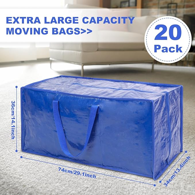 Blue Moving Bags - 20 Pack Extra Large Heavy Duty Storage Bags With Zipper & Reinforce Handles | 29x14x13 Inch Moving Tote Bags Bulk For Clothing, Shoes, Travel