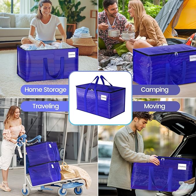 FabSpace Moving Storage Bags, Moving Supplies Packing Boxes for Moving, Camping, College Dorm Room Essentials for Girls, Blue Tote Bags, Heavy-Duty Storage Bins With Lids And Zippers, 76L 4 Pack