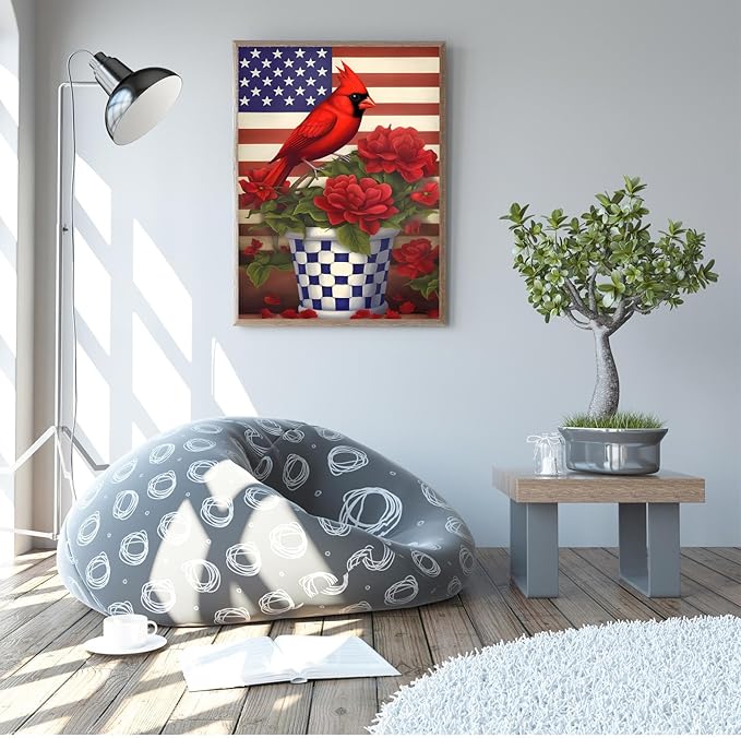 GUAIEUW Flowerpot Red Bird Flag Diamond Painting Kit for Adults, Full Round Diamond Cardinal Bird 5D Diamond Painting DIY Art Crafts for Winter Home Wall Decor Holiday Gift 20x30 Inch