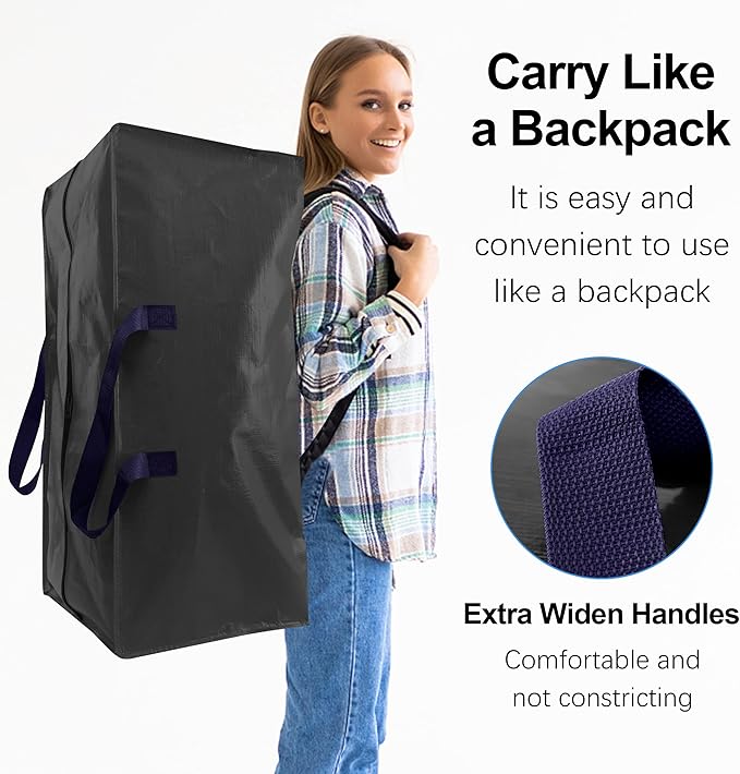 VELVETSURE 12 Pack Heavy Duty Extra Large Moving Bags W/Backpack Straps - Strong Handles & Zippers, Storage Totes For Space Saving, Fold Flat, Alternative to Moving Box and Storage Bin, Black