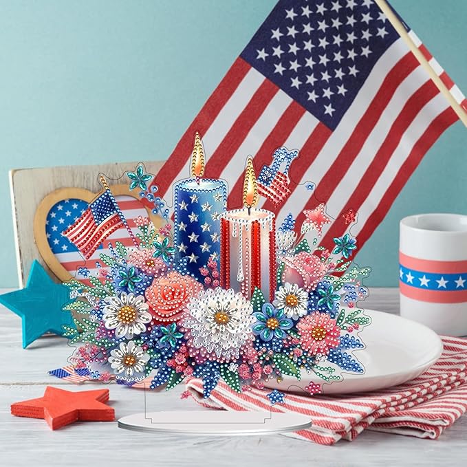 ARTopet DIY Diamond Desktop Ornament US Independence Day Special Shaped Crystal Double Sided Pattern Single Sided Diamond Art Painting Tabletop Home Ornaments Decor-Candle