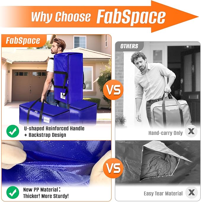 FabSpace 8-Pack Moving Bags with Backpack Straps & Carry Handles, 30 Gallons-125 L Heavy Duty Storage Totes for Space Saving, Foldable Storage Bags for College Dorm, Travel, Camping (Blue)