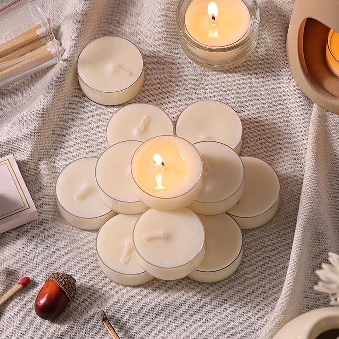 DEVI Soy Tea Lights Candles 25 Pack, Tealight Candles Bulk-4 Hours Long Burning, Unscented White Small Mini Tea Light Candles-Burn Clean, Soy Wax Melts Emergency Candles