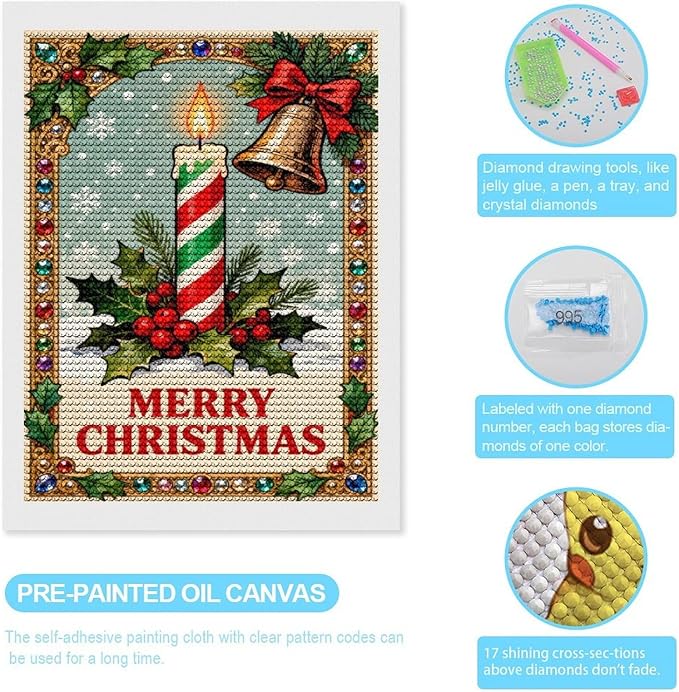 AIVKIEJK Diamond Painting Kits for Adults - Merry Christmas Candle & Holly Accents Painting DIY 5D Full Drill Diamond Dots Paintings with Diamonds Gem Art and Crafts Home Decor 12"x16"