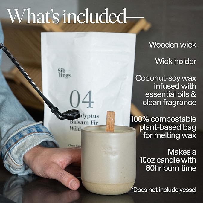 Siblings Candle Refill Kit – DIY Coconut Soy Wax Candle Making Kit for Reusable Vessels – Non-Toxic Clean Burn, Wooden Wick – Scent No 07: Ginger, Pink Grapefruit, Rhubarb – 60 Hour Burn