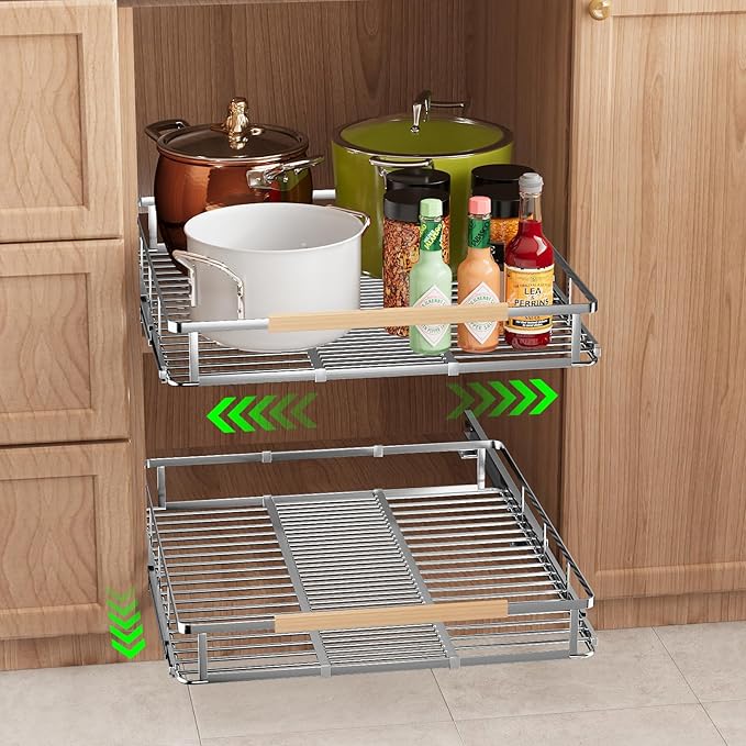Expandable Pull Out Drawers for Cabinets, Kitchen Cabinet Slide Out Shelves, Adjustable Roll Out Drawers, Stainless Steel, Medium 2 Pack, (14.5"-24") Width x 17.5" Depth