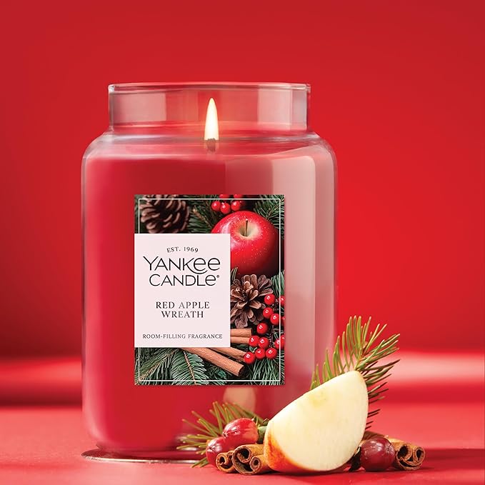 Yankee Candle Red Apple Wreath, Scented Candle, 22oz Large Jar with up to 150 Hour Burn Time, Giftable